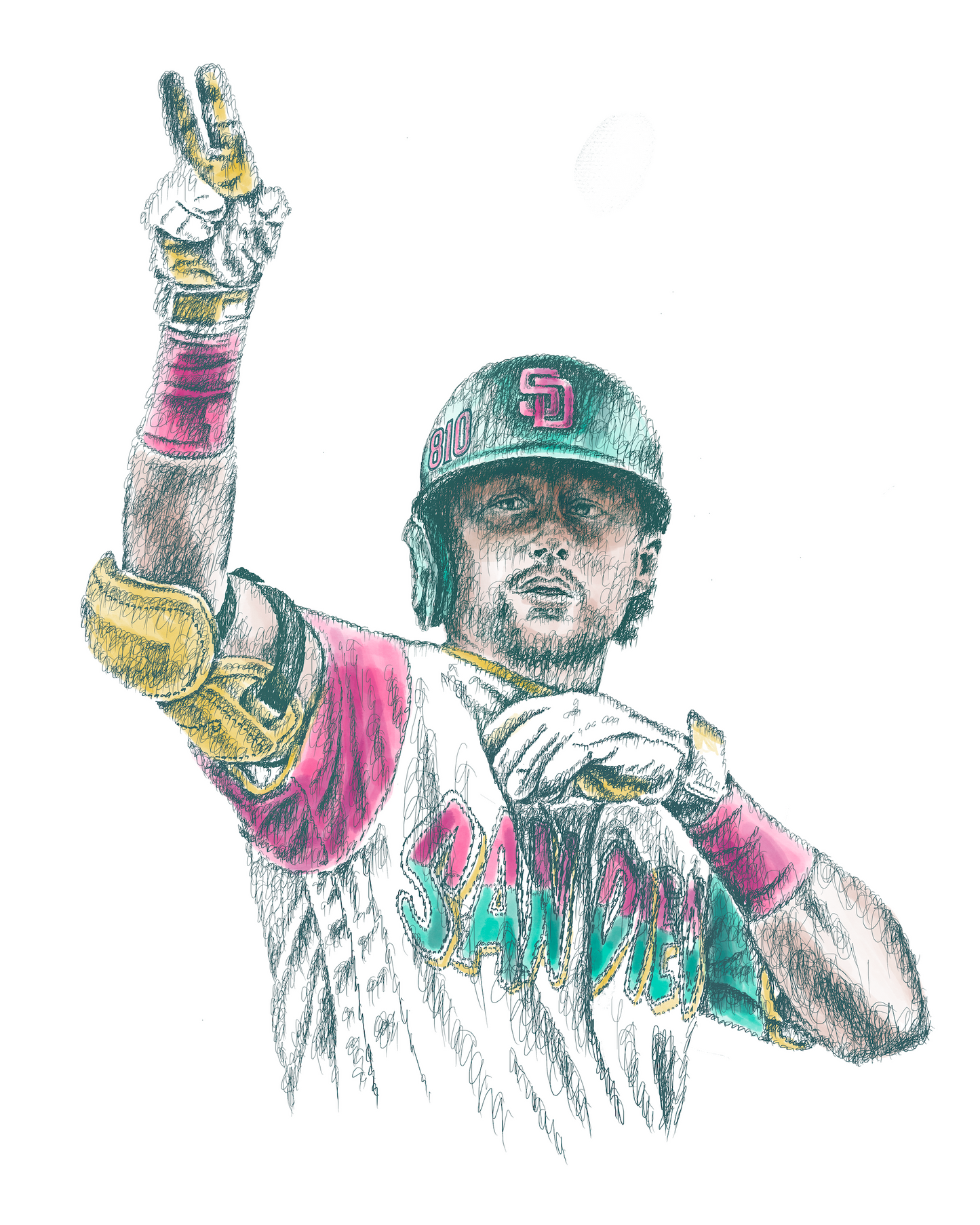 A detailed portrait of baseball player Jake Cronenworth, crafted using layered numbers that represent his jersey number, highlighting his likeness with a unique and intricate design style.