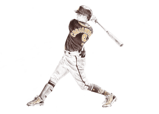 A detailed portrait of baseball player Jake Cronenworth, crafted using layered numbers that represent his jersey number, highlighting his likeness with a unique and intricate design style.